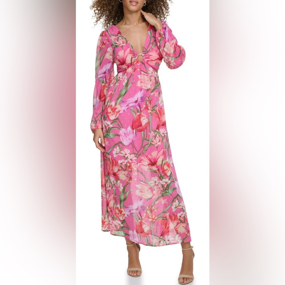 Pink Floral Maxi Sundress with Plunge Neckline for Wedding Guest